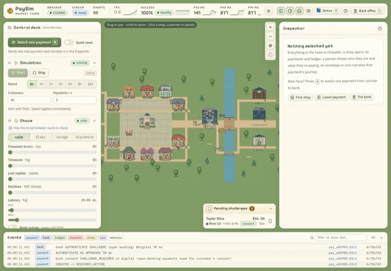 PaySim Town's pixel-art map: shops, a bridge over a river, and the digital bank, with a live control deck and event log around the edges.